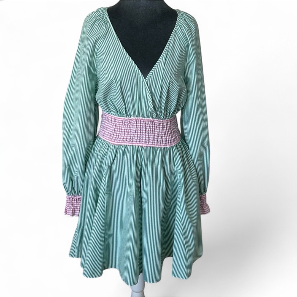 Topshop Green and Pink Striped Long Sleeve V-Neck Dress